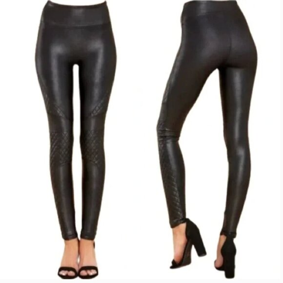 Women's L Spanx Faux Leather Very Black Quilted Leggings Fitted - Picture 1 of 10